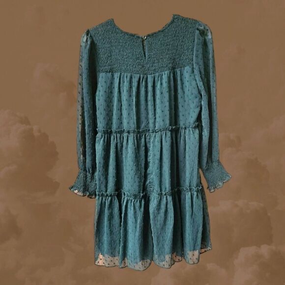 NWOT Women's Emrald Green Layered Clip Dot Ruffle Midi Dress👗 - Picture 10 of 14